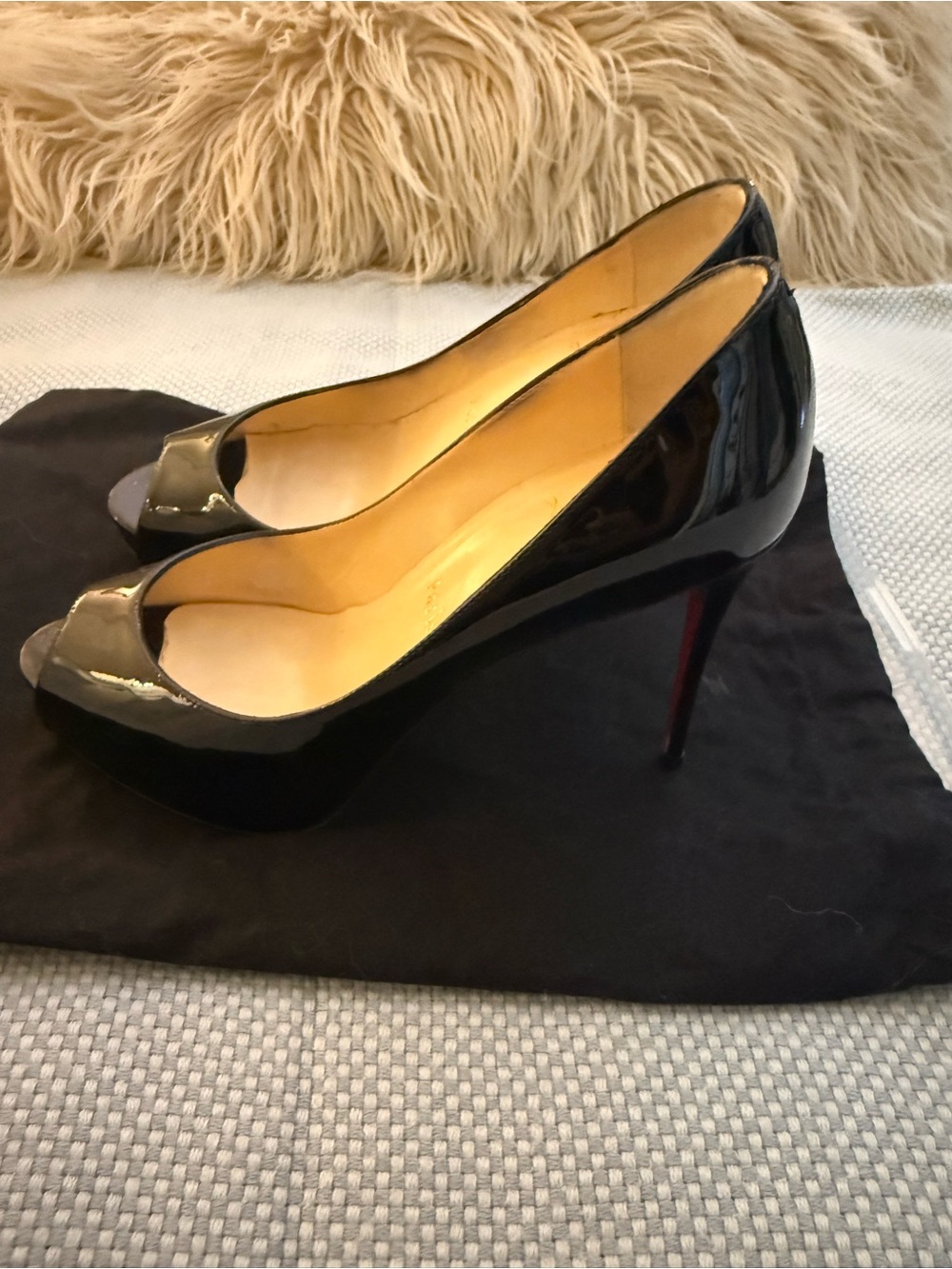 Christian Louboutin Black Patent Peep-Toe Platform Pumps with Red Soles